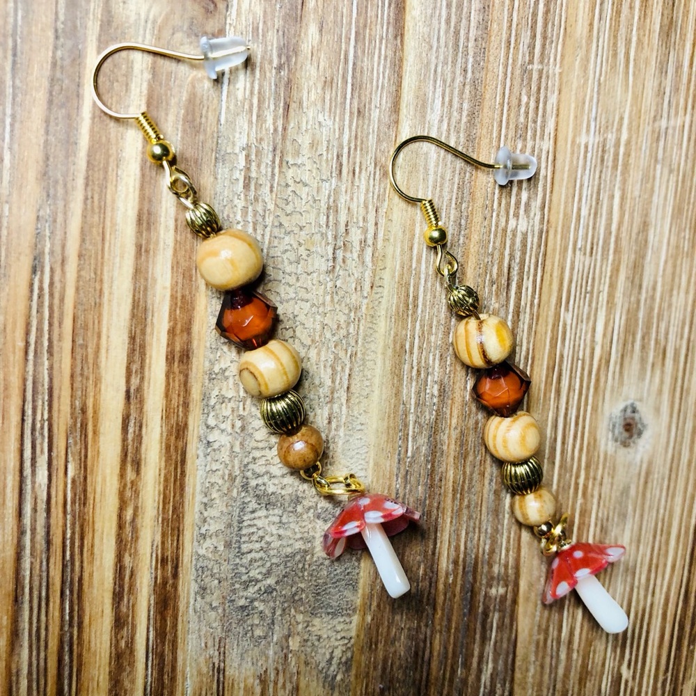 Unique Whimsical Boho Mushroom Earrings – 3” Handmade Dangles (Salmon/Small)